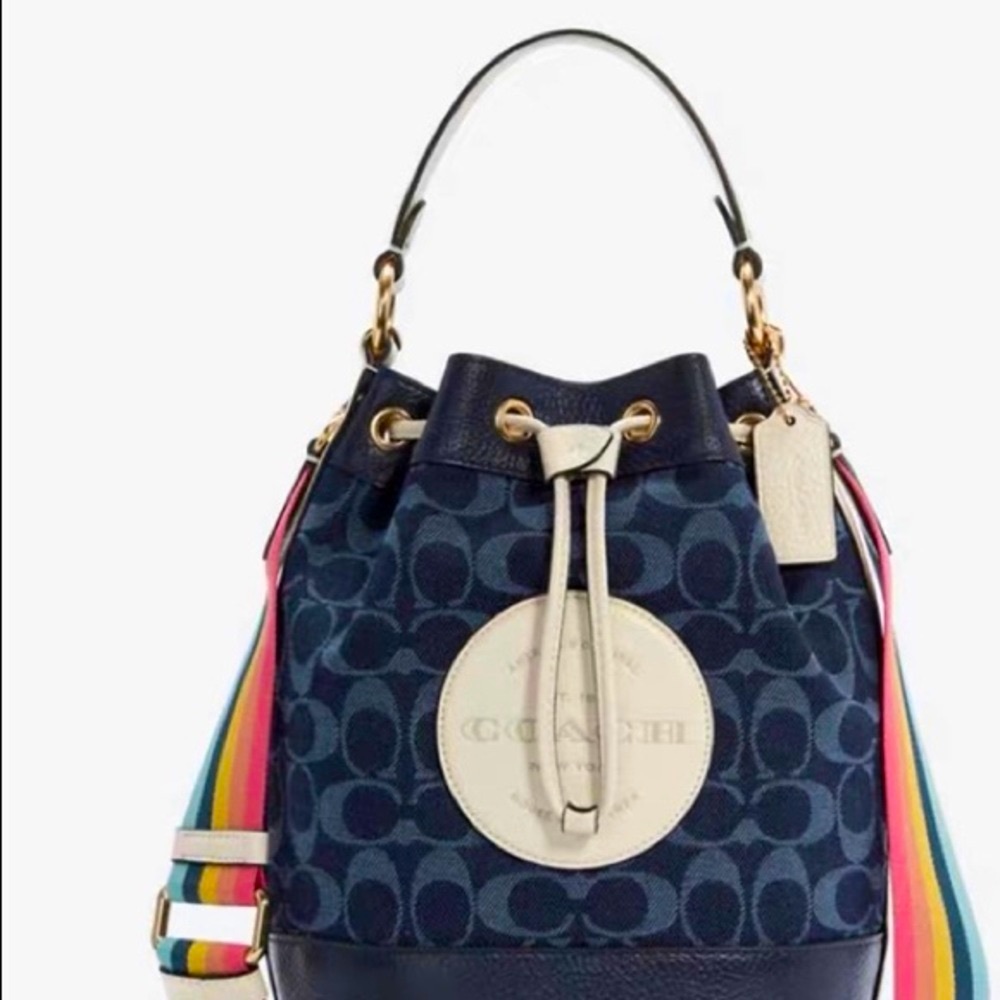 Coach Navy Blue Bucket Bag with Rainbow Strap - Picture 6 of 13